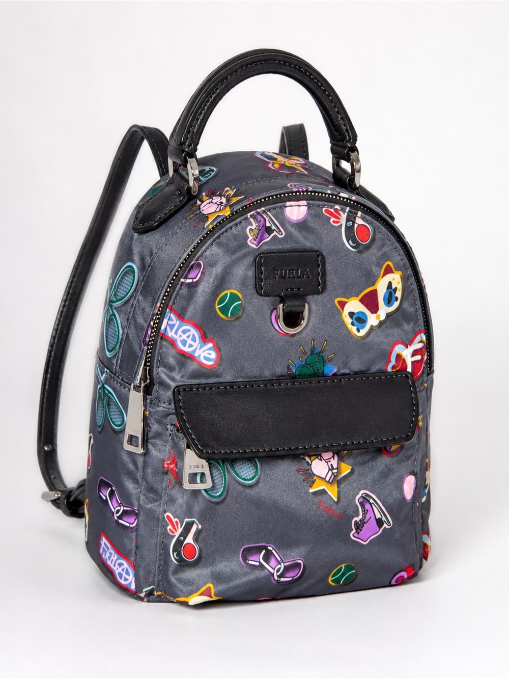 Furla Gray Printed Mini Backpack with Leather Trim